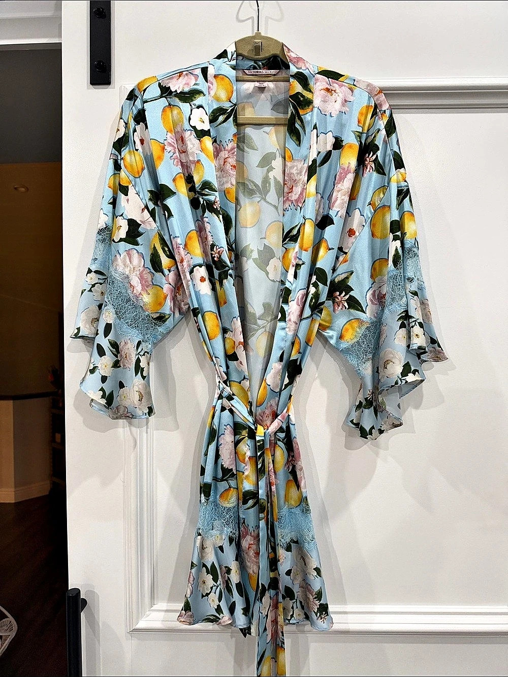 Victoria's Secret Lemon Floral Satin Flounce Robe Blue & Orange Medium